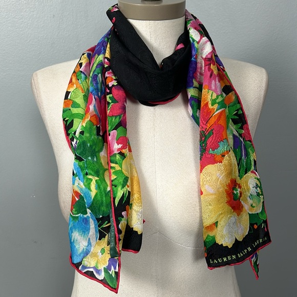 Lauren Ralph Lauren Black Pink Purple Floral Silk Rectangular Scarf - Picture 9 of 11